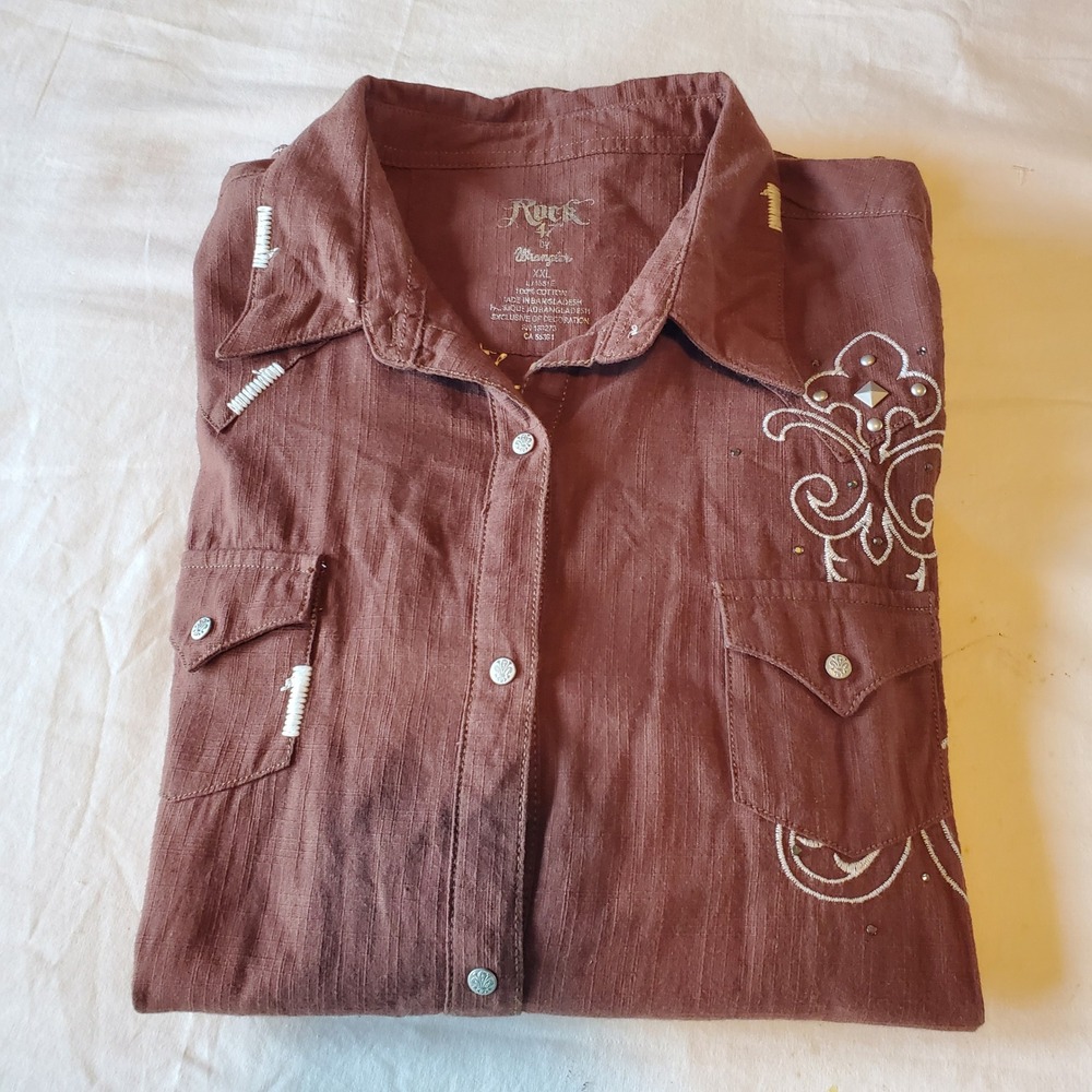 Rock 47 by Wrangler Brown Embroidered Fleur De Lis Western Snap Shirt XXL